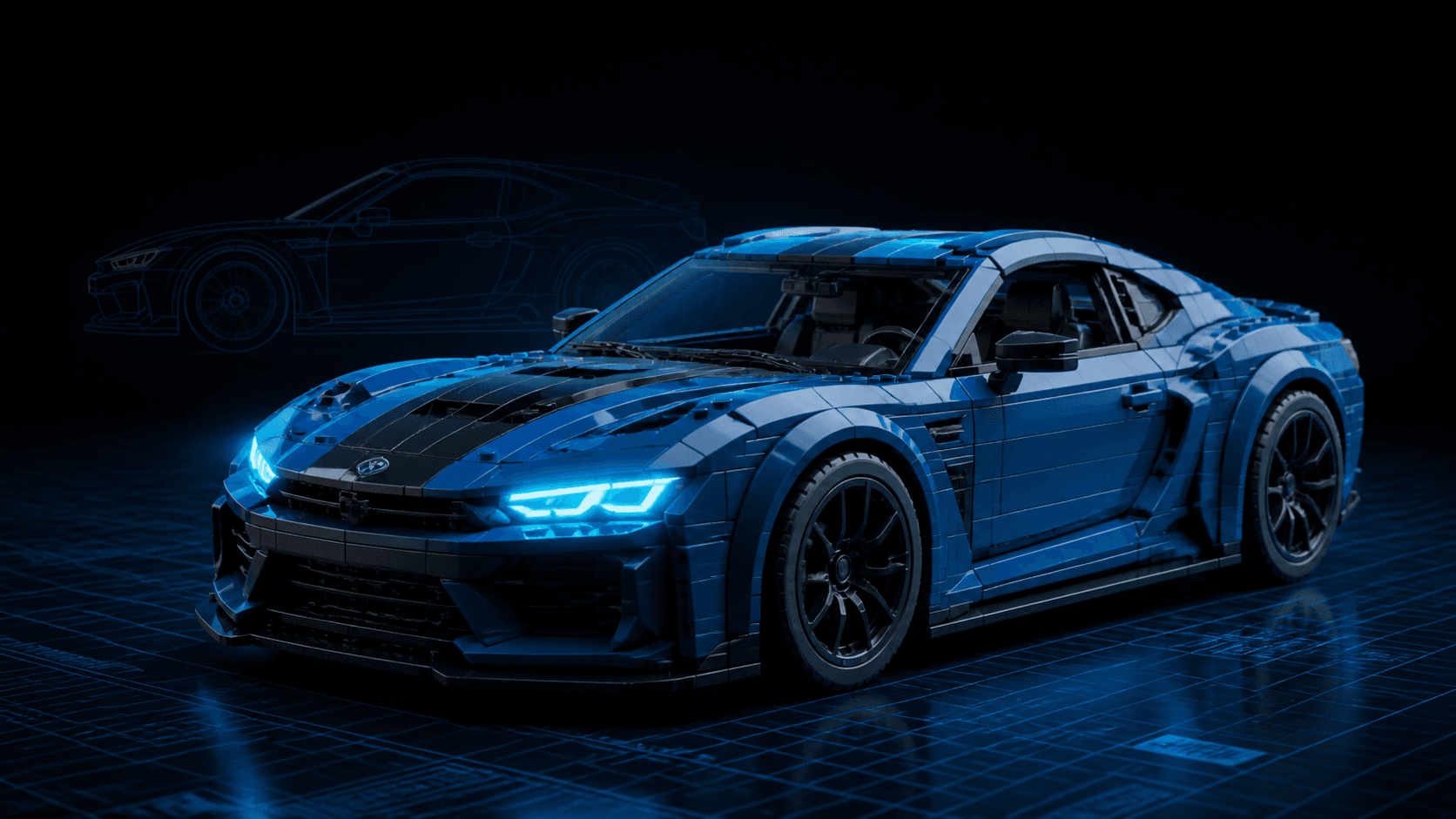 Blue brick sports coupe with blueprint drawing, shown as an engineering concept