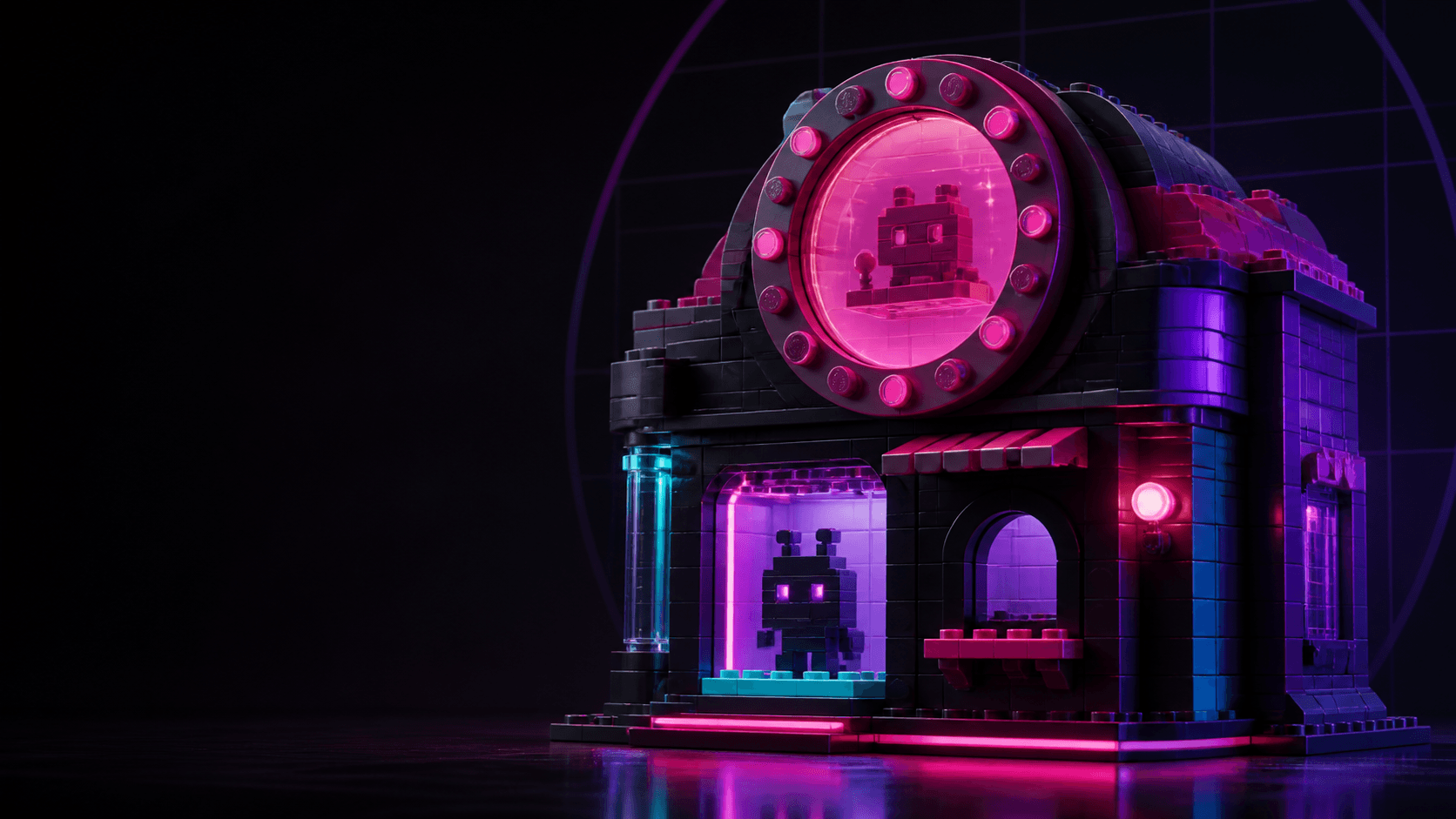 Magenta and violet brick arcade storefront representing a creator release